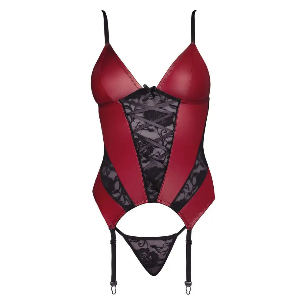 Cottelli sexy red stretchy basque and lace thong set - x large - peaches and screams