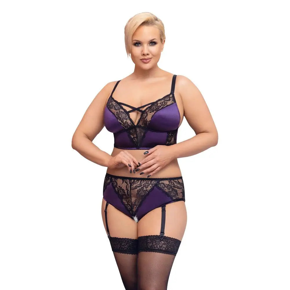Cottelli sexy wet look purple plus size crotchless bra set - x large - peaches and screams