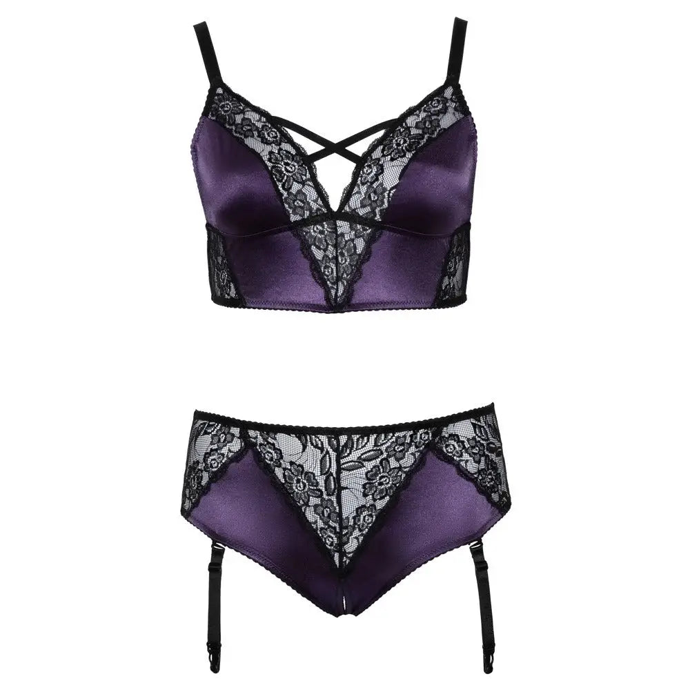Cottelli sexy wet look purple plus size crotchless bra set - xxl - peaches and screams
