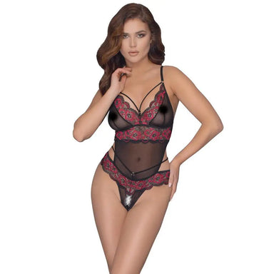 Cottelli Stretchy Sexy Wet Look Black Bodysuit with Lace - L/XL - Peaches and Screams