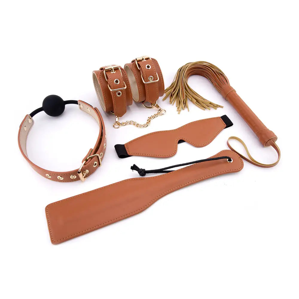 Elite bdsm cognac vegan leather restraint set - peaches and screams