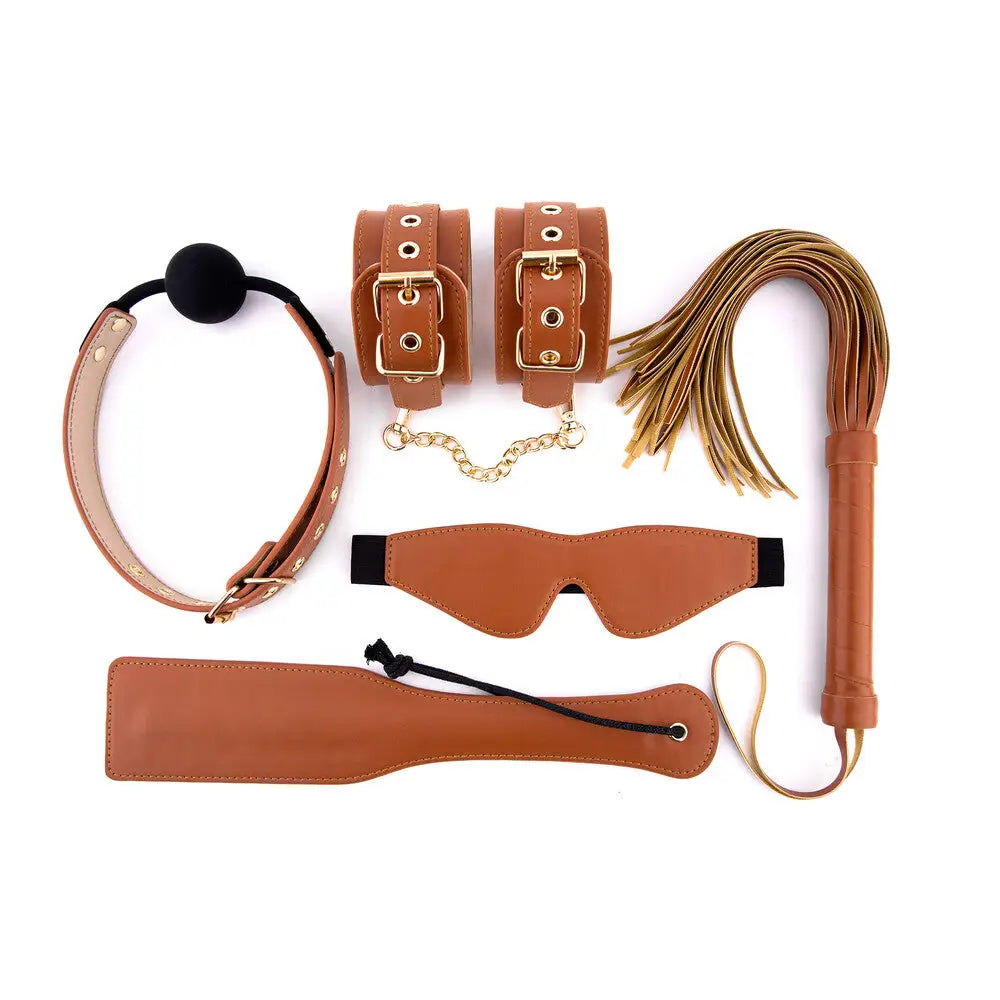 Elite bdsm cognac vegan leather restraint set - peaches and screams