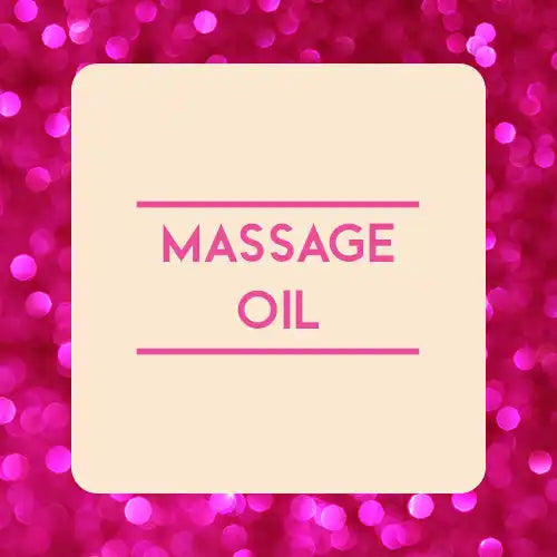 Label for massage oil on a light-colored square against a pink sparkly background.