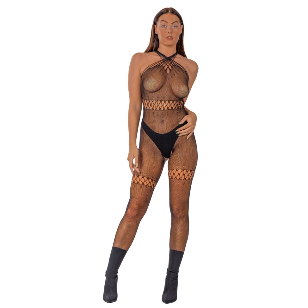 Lace by lj crossover neck crotchless bodystocking - peaches and screams