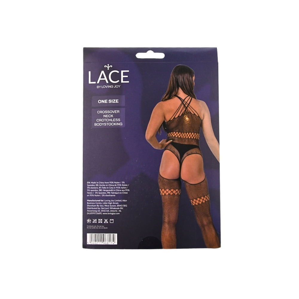 Lace by lj crossover neck crotchless bodystocking - peaches and screams