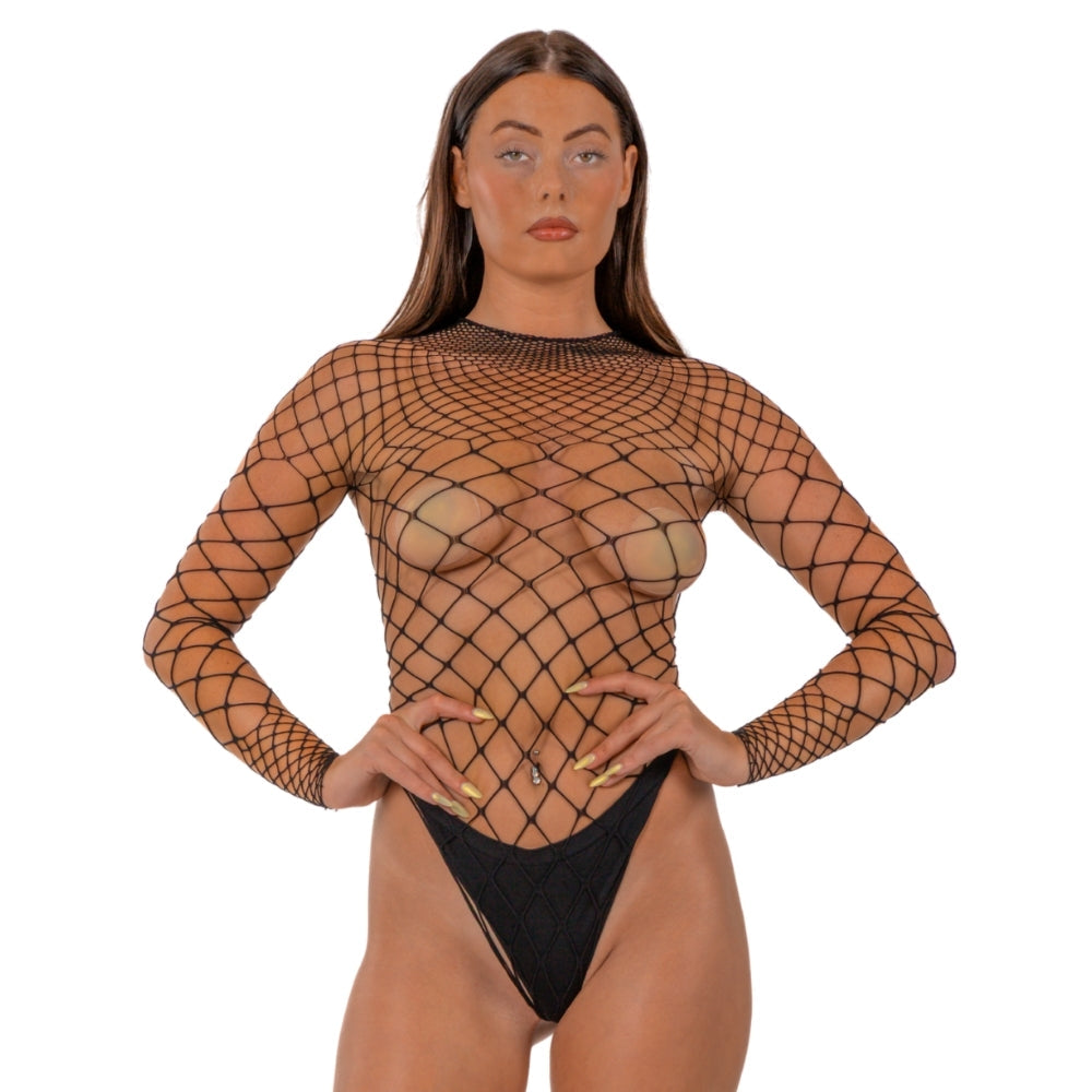 Lace by lj fence net long sleeved thong bodysuit black - peaches and screams