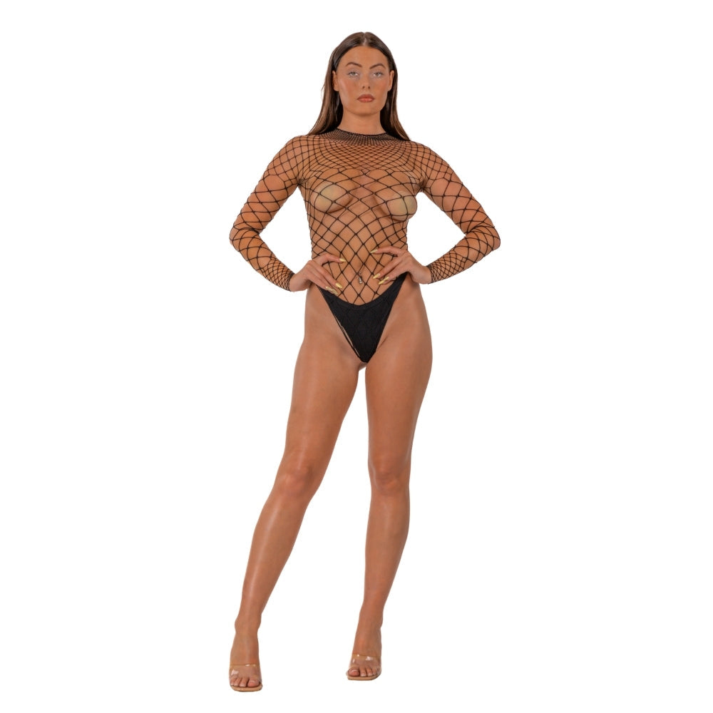 Lace by lj fence net long sleeved thong bodysuit black - peaches and screams