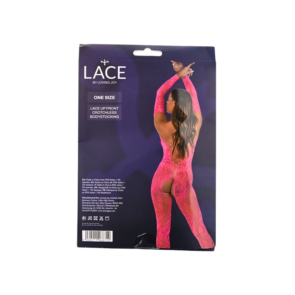 Lace by lj lace up front crotchless bodystocking fuchsia - peaches and screams