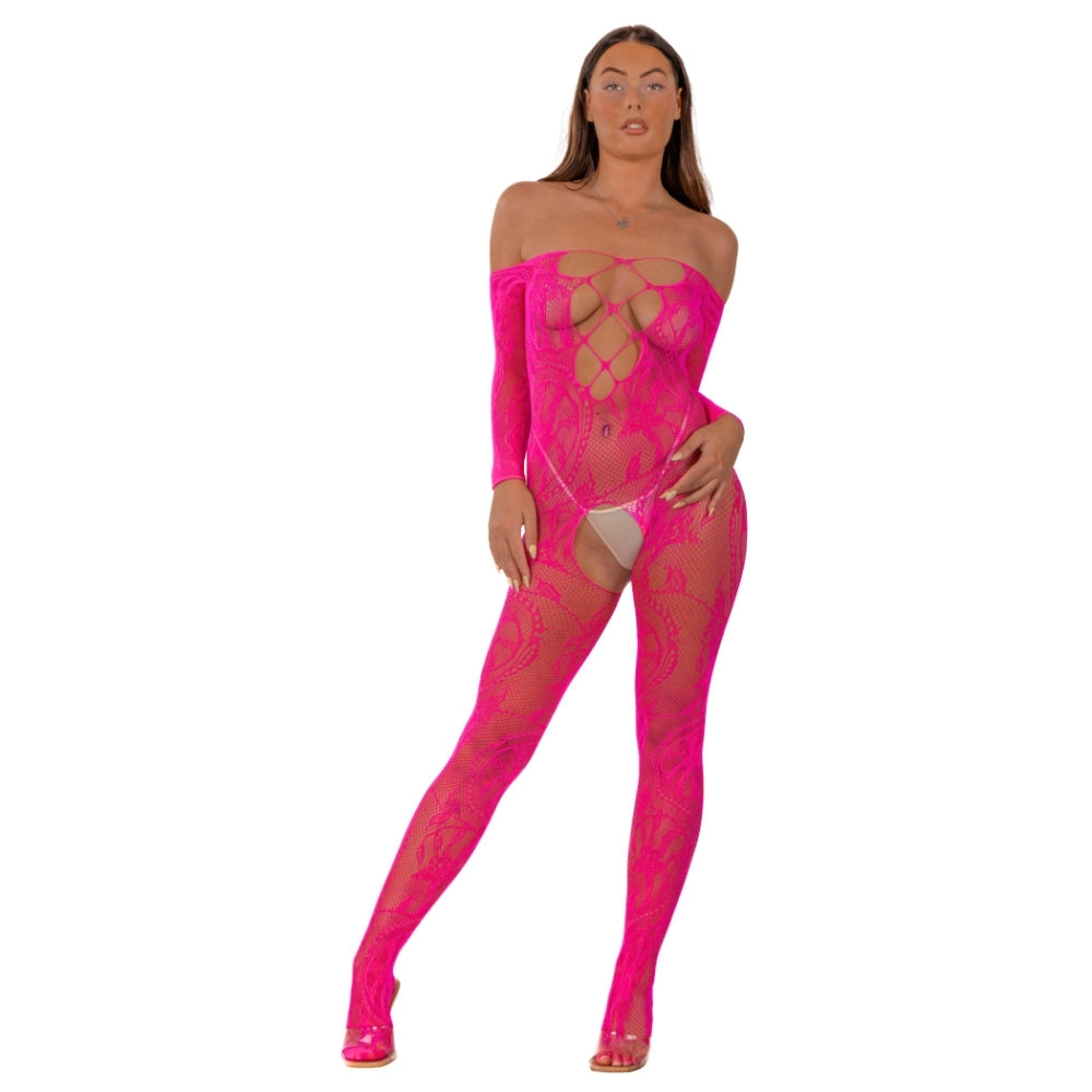 Lace by lj lace up front crotchless bodystocking fuchsia - peaches and screams