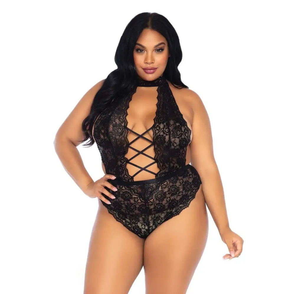 Leg avenue black floral lace crotchless teddy uk 18 22 - peaches and screams