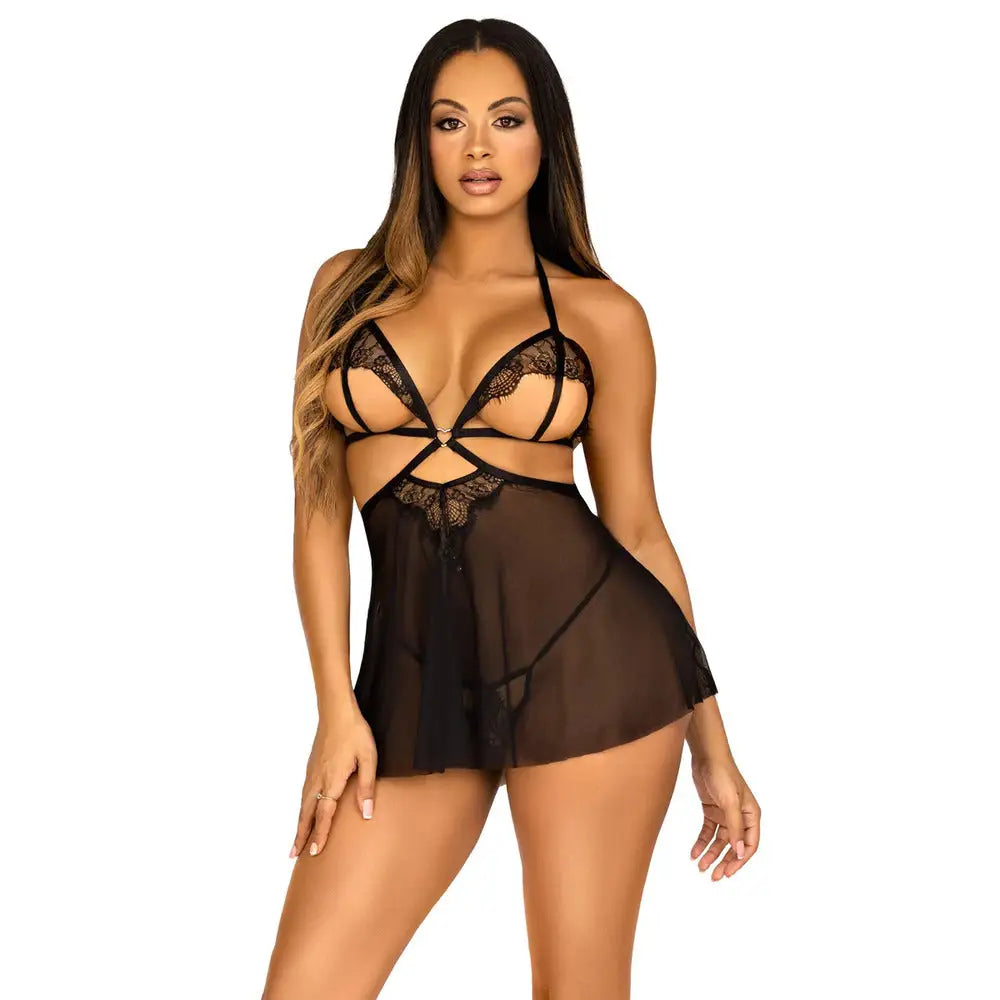 Leg avenue black open cup babydoll and panty lingerie set - peaches and screams
