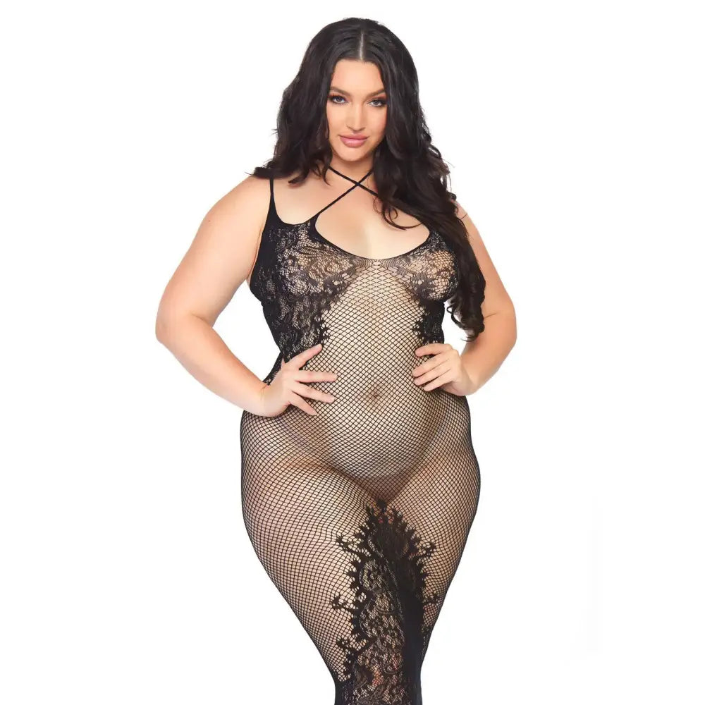 Leg avenue black plus size seamless fishnet halter dress - peaches and screams