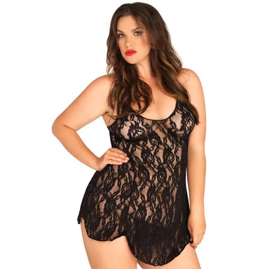 Leg Avenue Rose Lace Flair Black Plus Size Chemise Uk 14 To 18 - Peaches and Screams