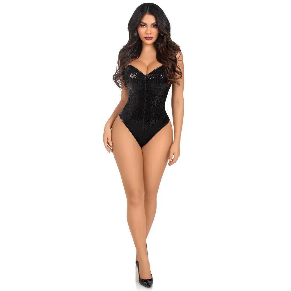 Leg avenue sequin bodysuit in black backless sparkle style - peaches and screams