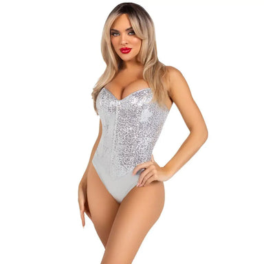 Leg Avenue Sequin Boned Bodysuit Silver - Peaches and Screams