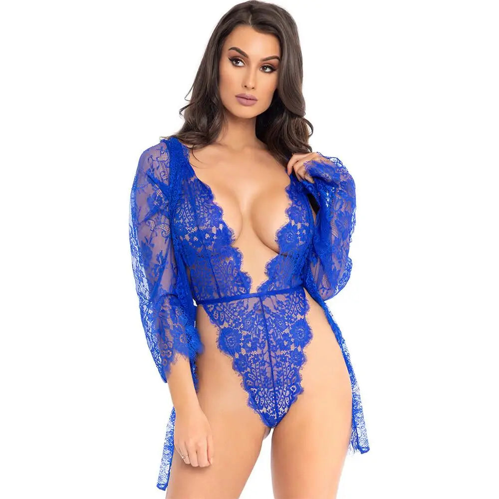 Leg avenue sexy blue floral lace teddy and robe set - small - peaches and screams