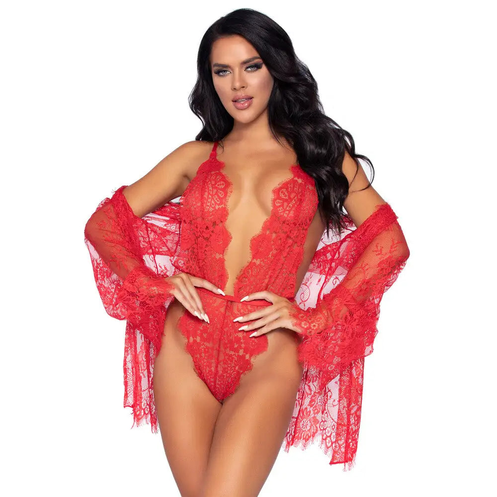 Leg Avenue Sexy Wet Look Floral Lace Teddy and Robe - M/L - Peaches and Screams