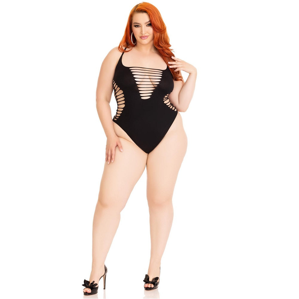 Leg avenue shredded thong bodysuit black plus size - peaches and screams