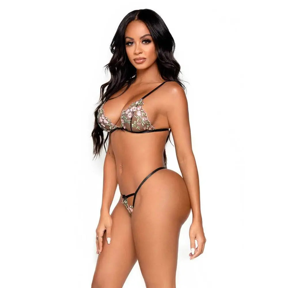 Leg avenue wet look sheer floral bra and g-string set - peaches and screams
