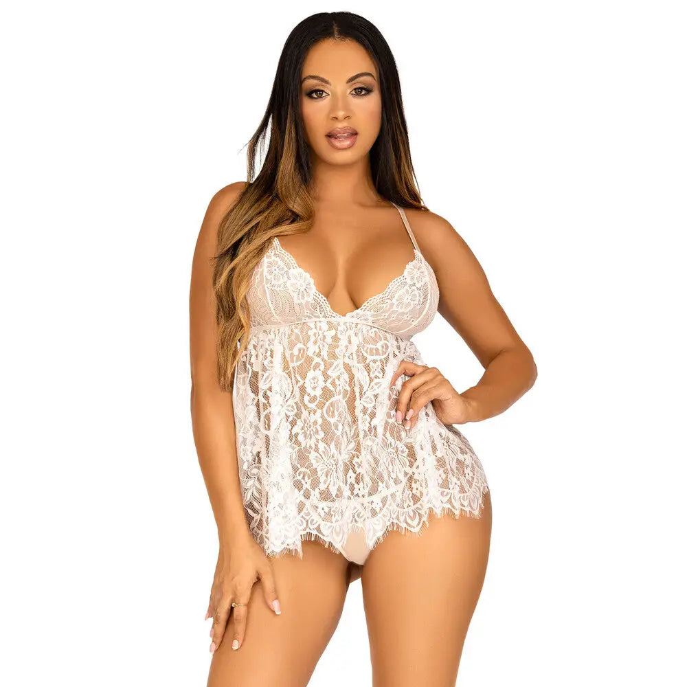 Leg Avenue Wet Look White Lace Babydoll And G-string Panty - Medium - Peaches and Screams