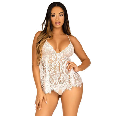 Leg Avenue Wet Look White Lace Babydoll And G-string Panty - Medium Peaches Screams