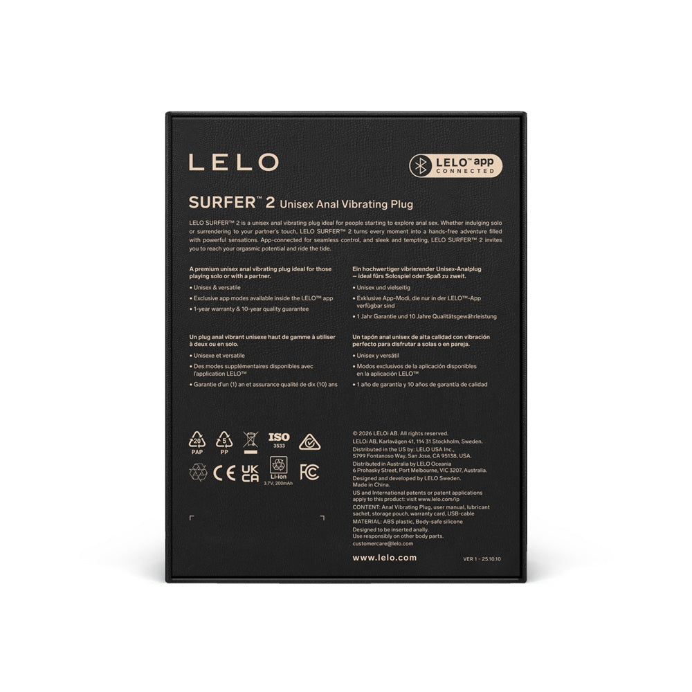 Lelo surfer 2 unisex anal vibrating plug black - butt plugs peaches and screams