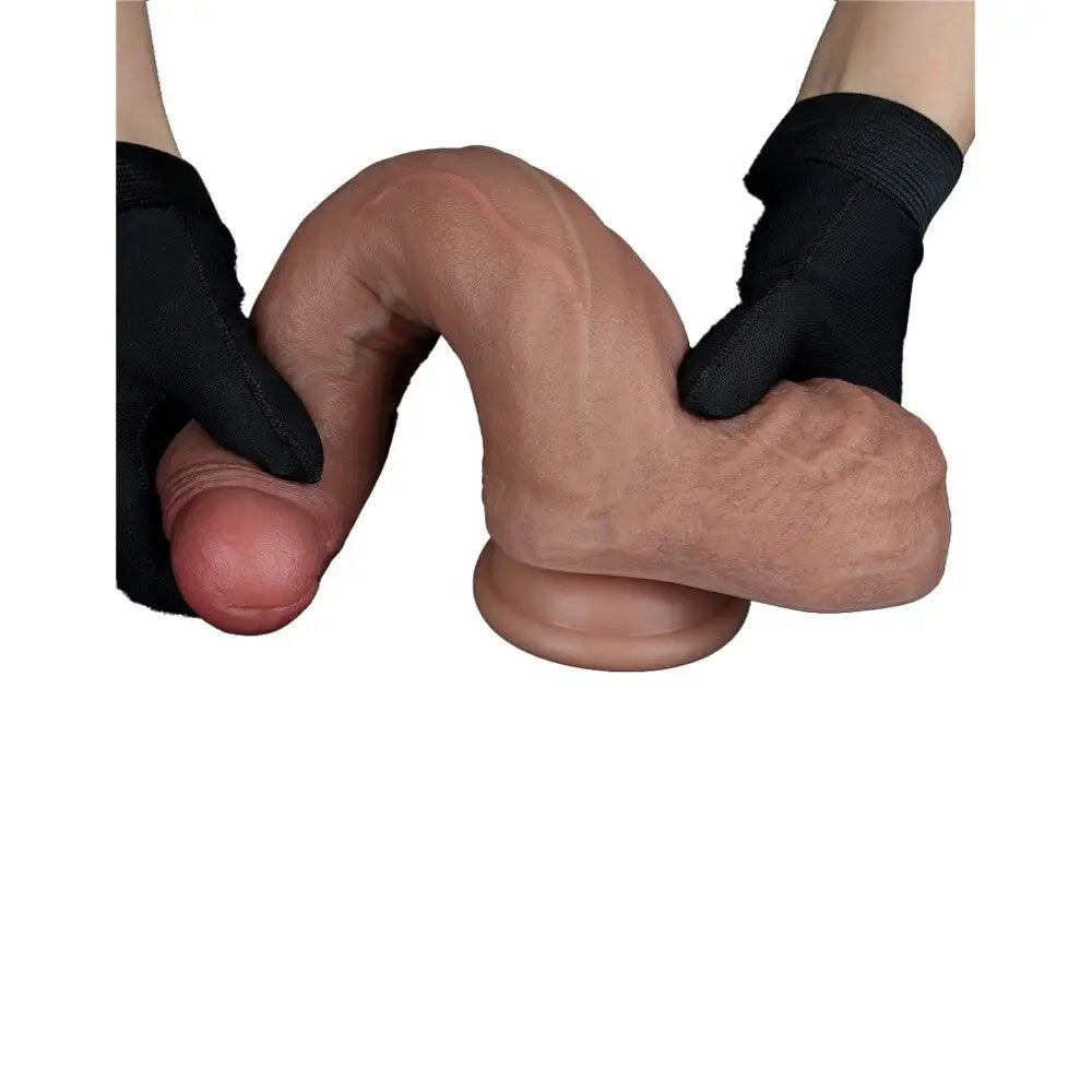 Lovetoy dual layered silicone dildo 8.5 inch flesh brown - peaches and screams