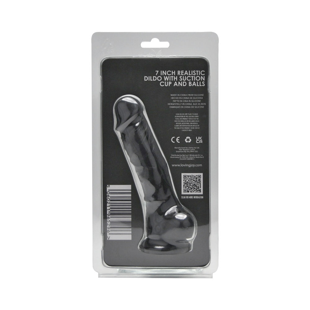 Loving joy 7 inch realistic silicone dildo with suction cup and balls black - dildos peaches and screams