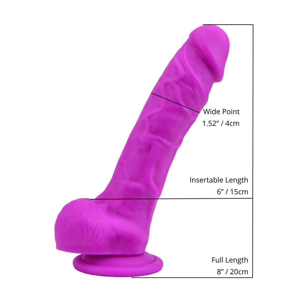 Loving joy 8 inch realistic silicone dildo with suction cup and balls purple - dildos peaches and screams