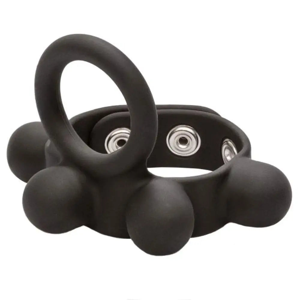 Medium weighted black stretchy cock ring and ball stretcher - peaches and screams
