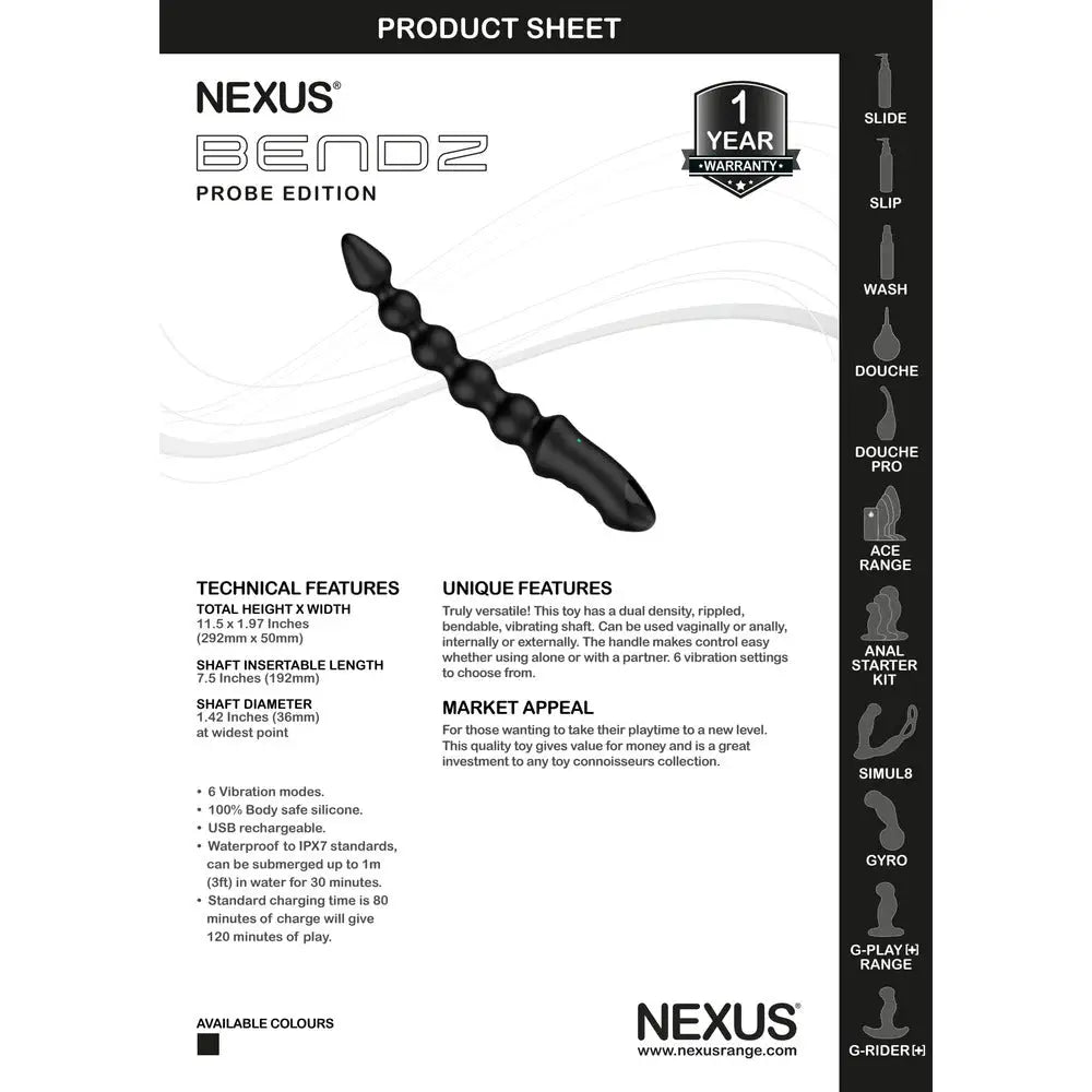 Nexus Silicone Black Bendable Rechargeable Vibrating Anal Probe - Peaches and Screams