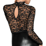 Noir black lace and wet look long sleeved knee length dress - small - peaches and screams