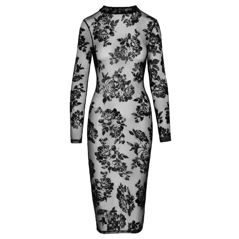 Noir sexy wet look black floral transparent dress - small - peaches and screams