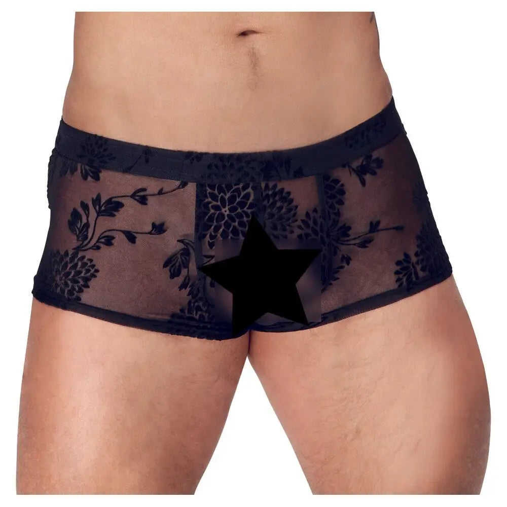 Noir stretchy black sheer floral lace pants for men - medium - peaches and screams