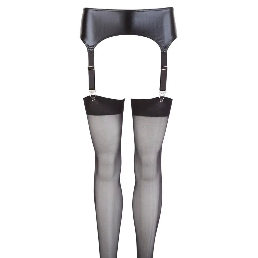 Noxqse Stretchy Wet Look Black Suspender Belt and Stockings - Small - Peaches and Screams