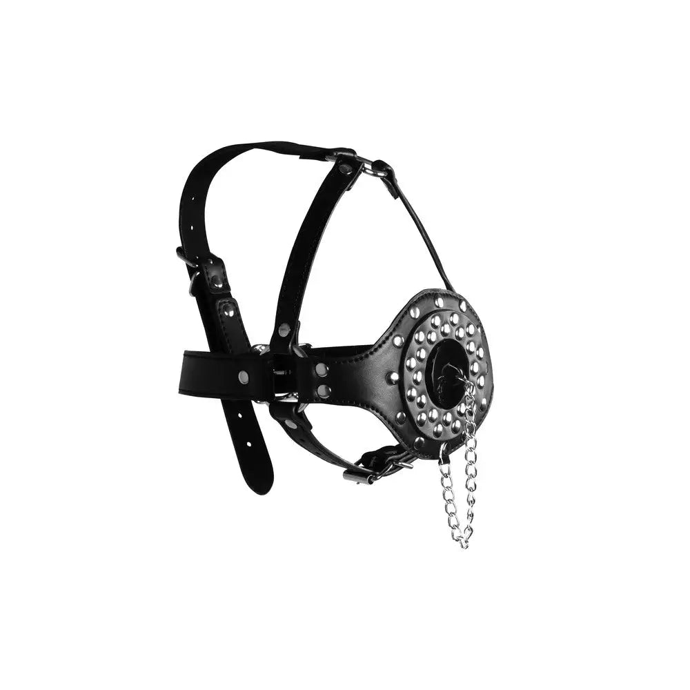 Open mouth gag head harness with plug stopper - peaches and screams