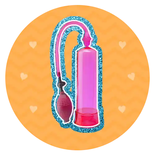 Penis pump with a pink cylinder and red base, outlined in glittery blue.