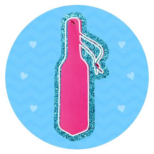Pink glittery bottle-shaped keychain with a white outline and hanging loop.