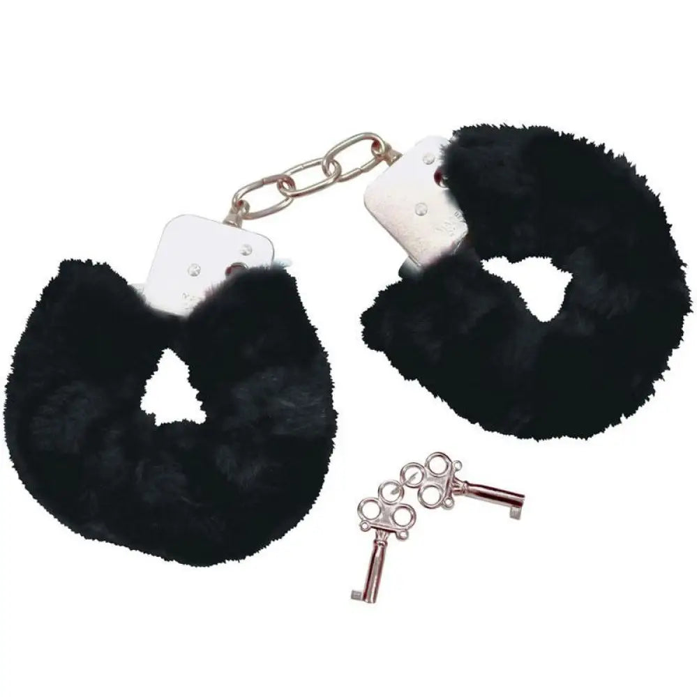 Plush black bondage handcuffs with removable fur trim - peaches and screams
