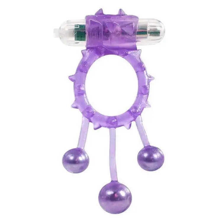 Purple Vibrating Cock Ring With Stimulating Nubs And 3 Hanging Balls - Peaches and Screams