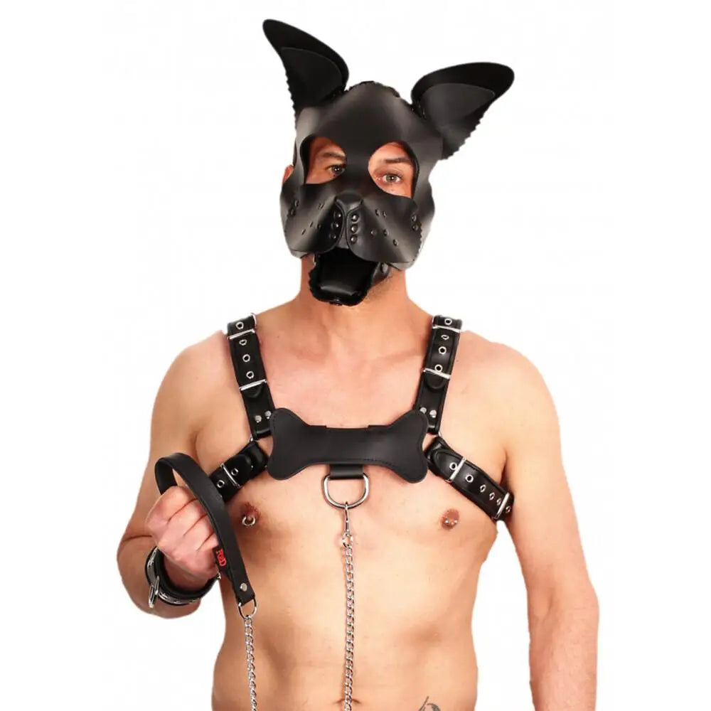 Red and black leather adjustable bondage puppy dog mask - peaches and screams