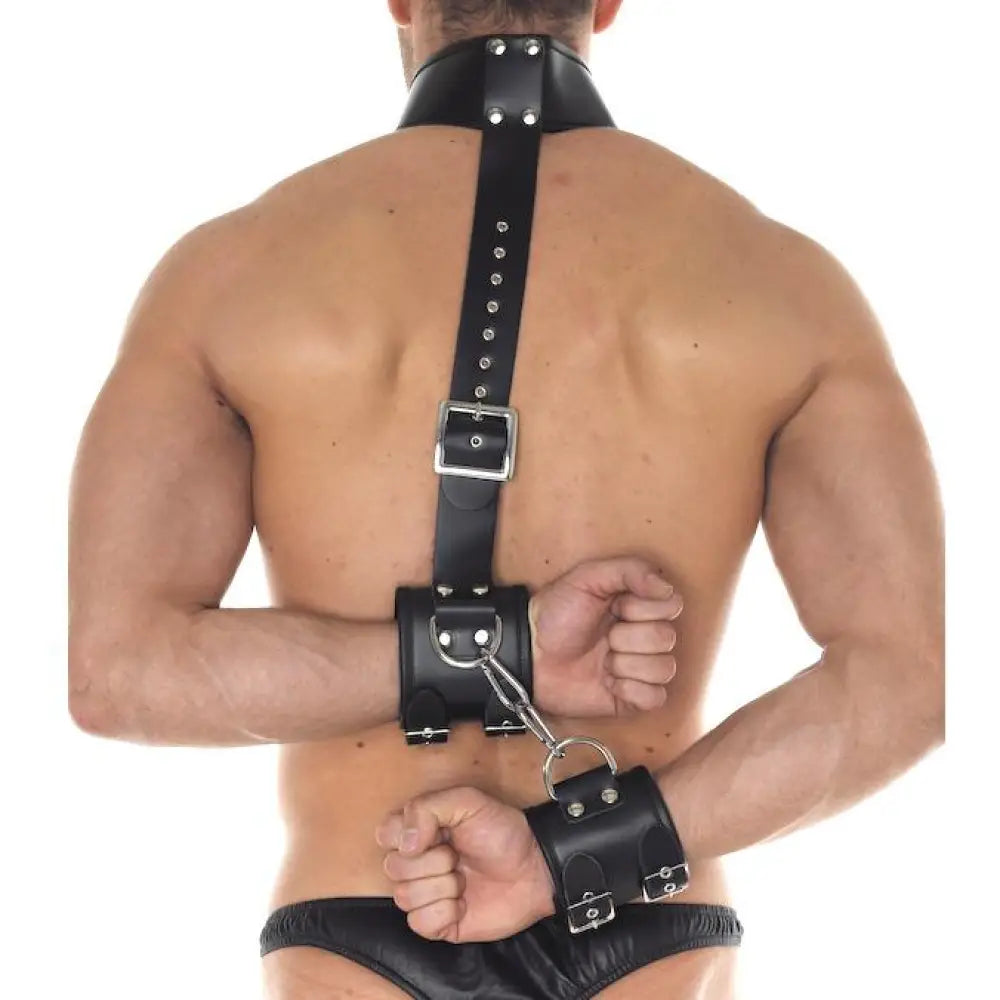 Rimba Adjustable Black Leather Neck Collar and Wrist Cuff Restraint - S/M - Peaches and Screams