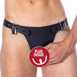 Rimba adjustable double leather brief with penis hold and dildo - peaches and screams