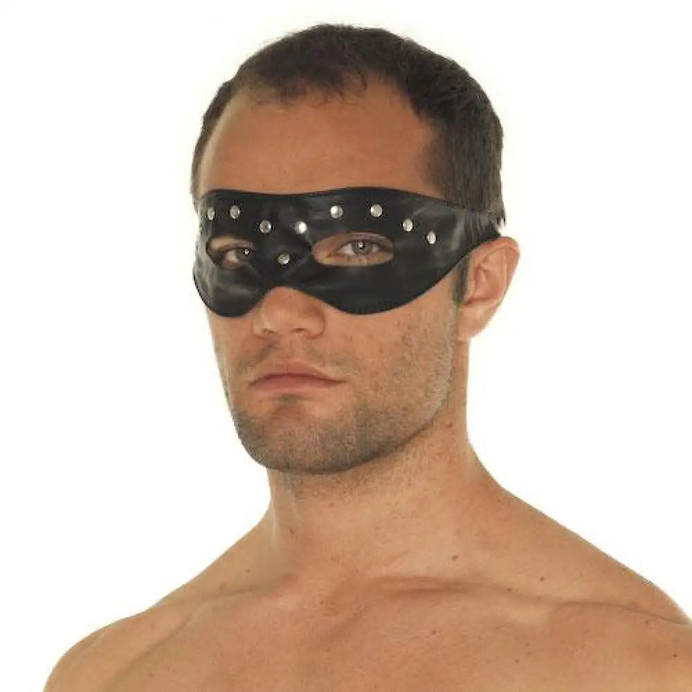 Rimba black leather blindfold with studs and open eyes - peaches and screams