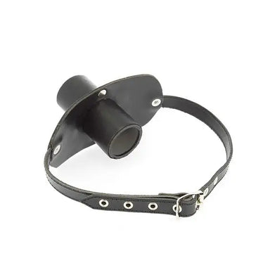 Rimba Black Leather Gag with Urine Tube and Buckles - Peaches and Screams