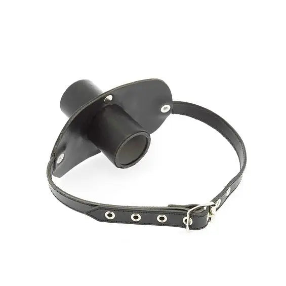 Rimba Black Leather Gag with Urine Tube and Buckles - Peaches and Screams