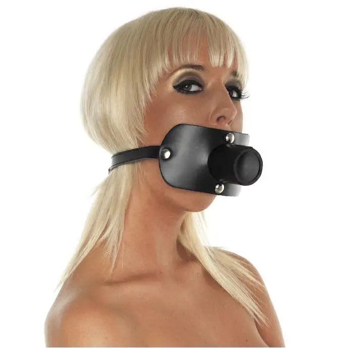 Rimba Black Leather Gag with Urine Tube and Buckles - Peaches and Screams