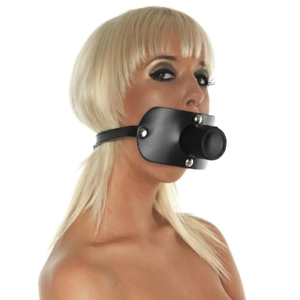 Rimba black leather gag with urine tube and buckles - peaches and screams