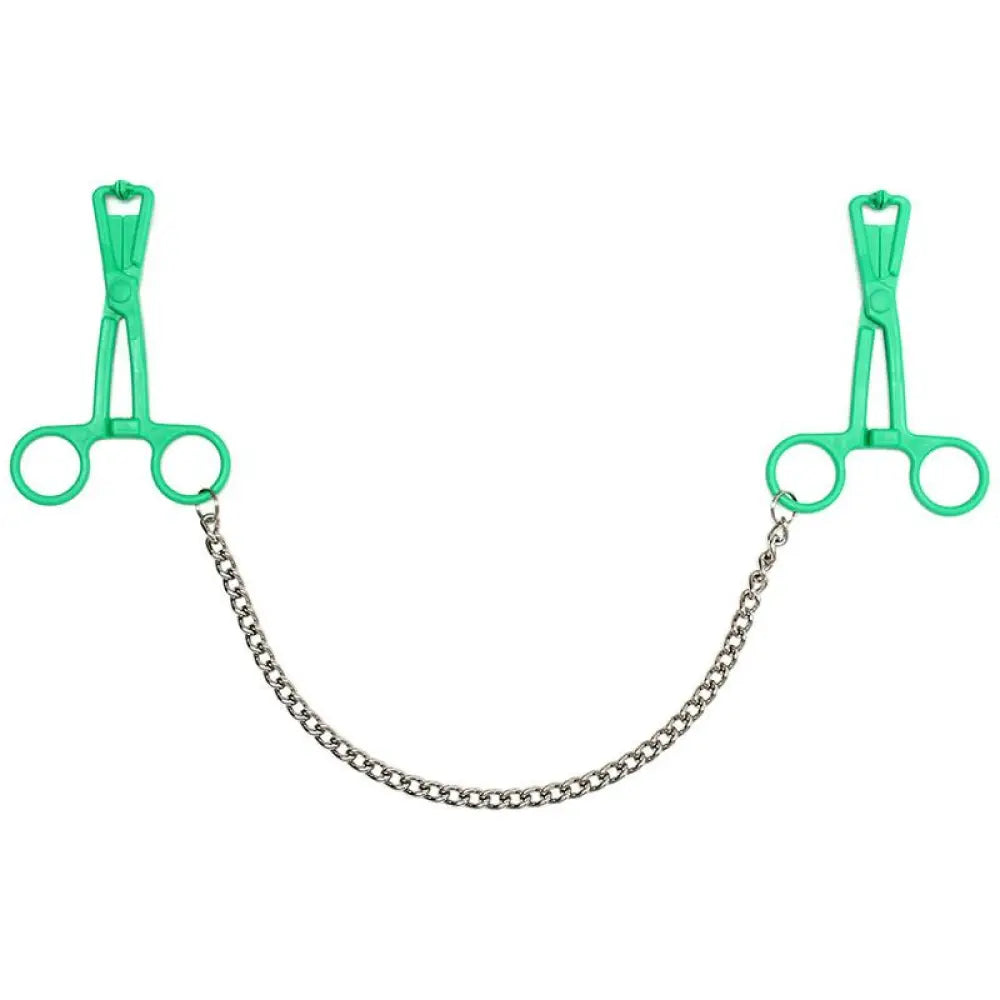 Rimba green 5 inch scissor nipple clamps with metal chain - peaches and screams