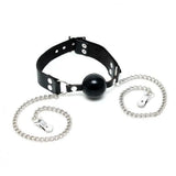 Rimba leather black mouth gag and nipple chain set - peaches and screams